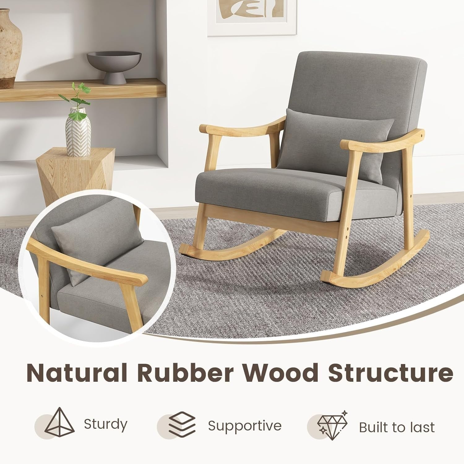 Modern Rocking Chair Wooden Frame Linen Seat, Comfy Lounge Armchair 88x65x82cm