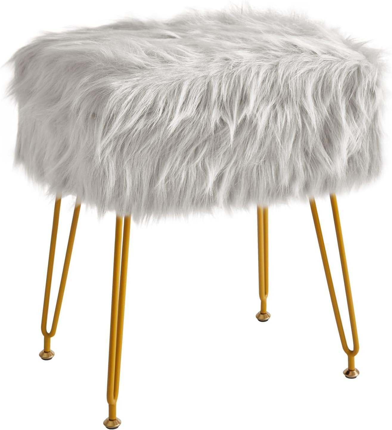 Grey Faux Fur Vanity Stool with Storage – Rectangular Makeup Ottoman Seat