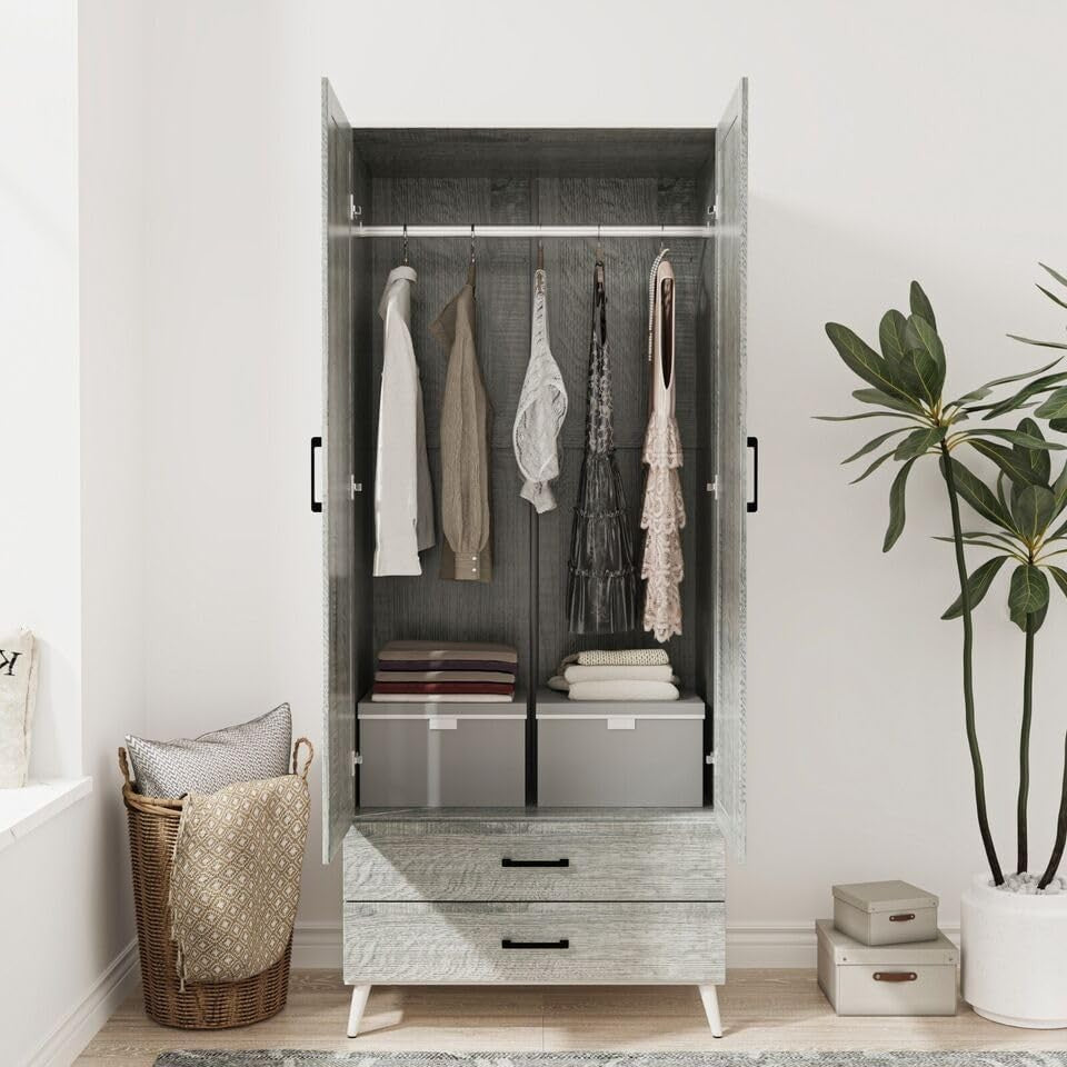 Modern White Ash Grey Wardrobe 2 Doors 2 Drawers Bedroom Storage Unit