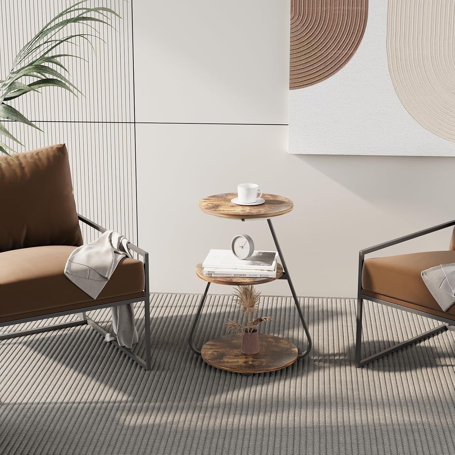 Round Side Table with LED Lights & 3 Tiers – End Bedside Coffee Table