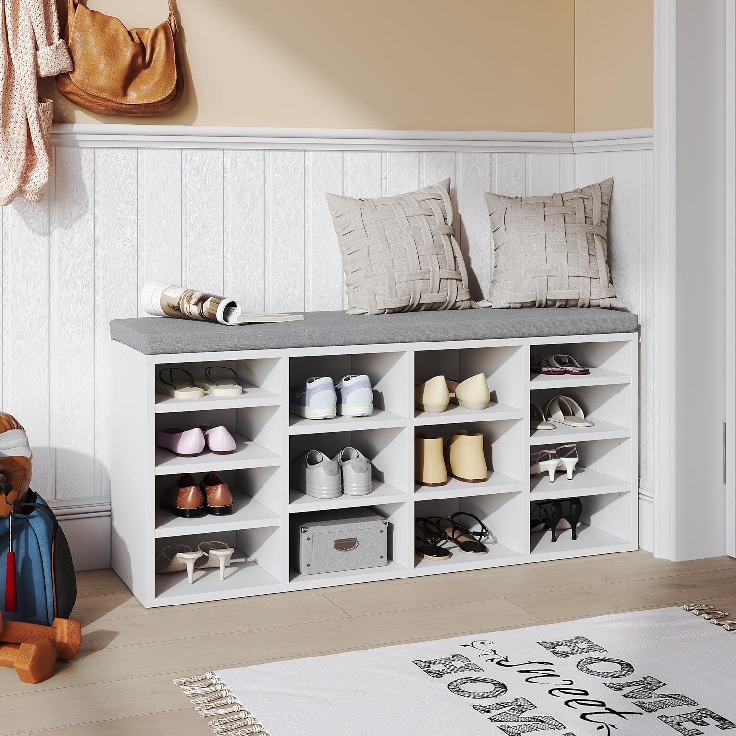 White Shoe Storage Bench with Padded Seat, 14 Compartments, Adjustable Shelves
