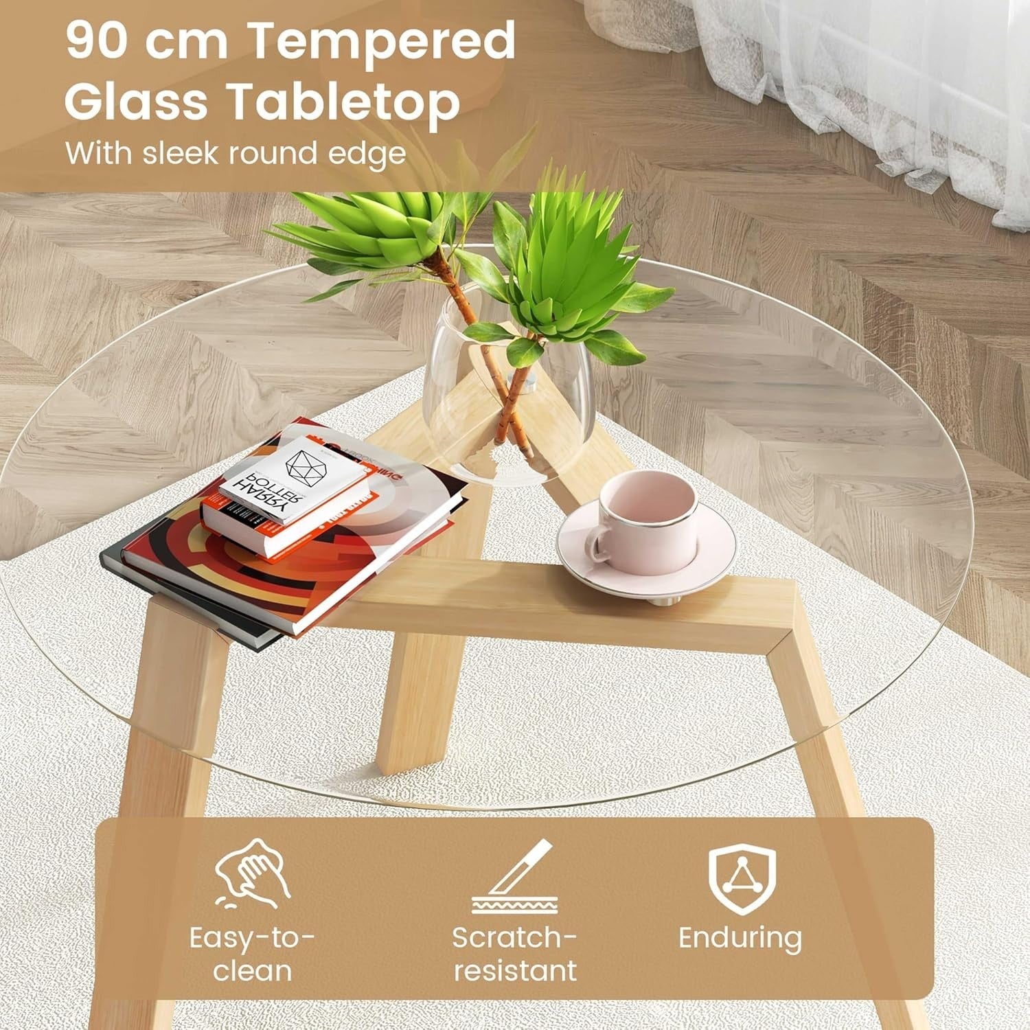 Round 90cm Tempered Glass Dining Table with Rubber Wood Frame