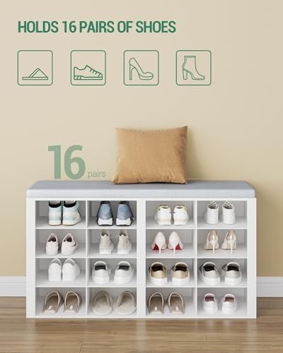 White & Grey Shoe Storage Bench with Cushion & 16 Adjustable Compartments