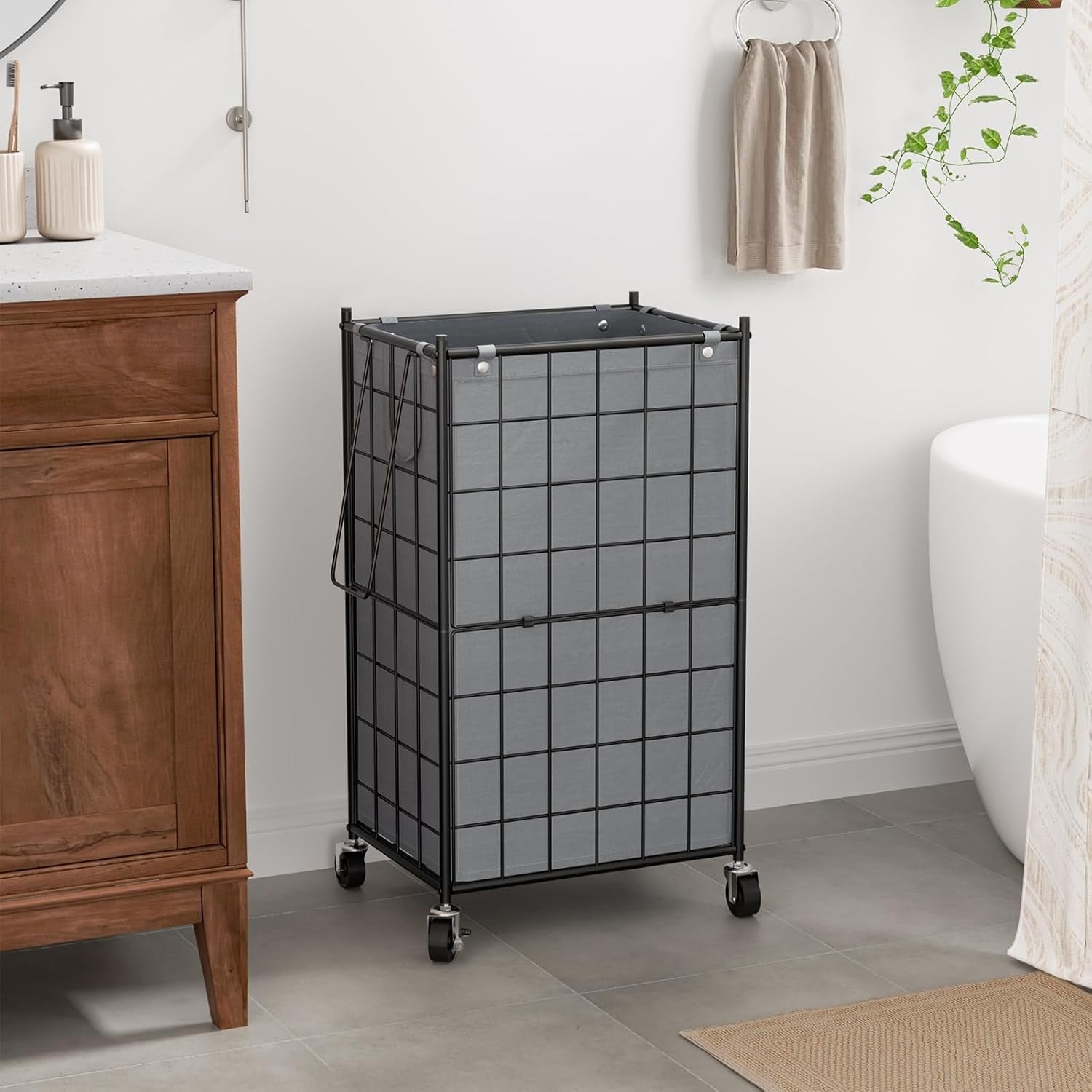 100L Rolling Laundry Hamper Grey Metal Frame with Wheels & Removable Bag