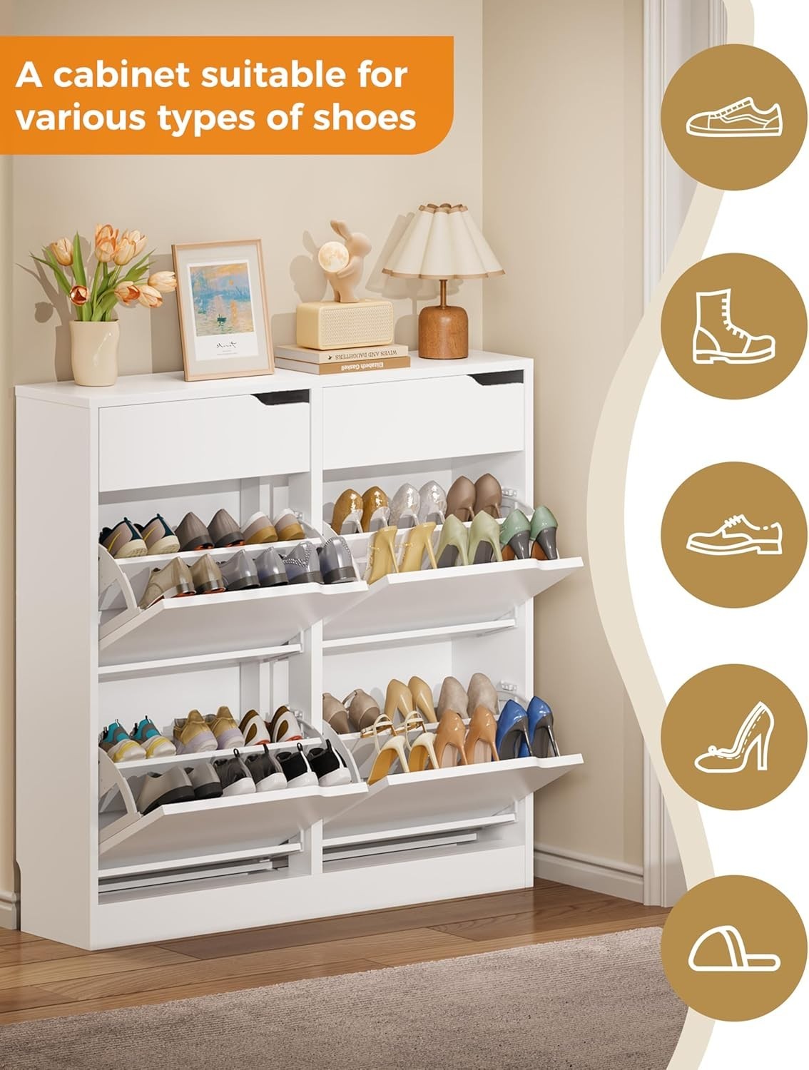 Modern Slim Shoe Cabinet with 4 Flip Drawers & 2 Storage Drawers – White