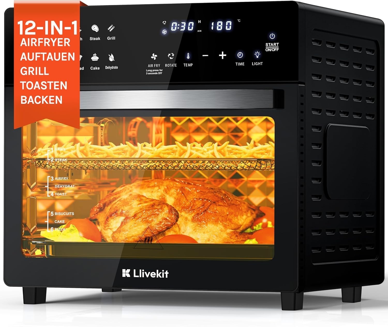 26L Air Fryer Oven Rotisserie Touchscreen 12 Presets 1700W Low Fat XXL