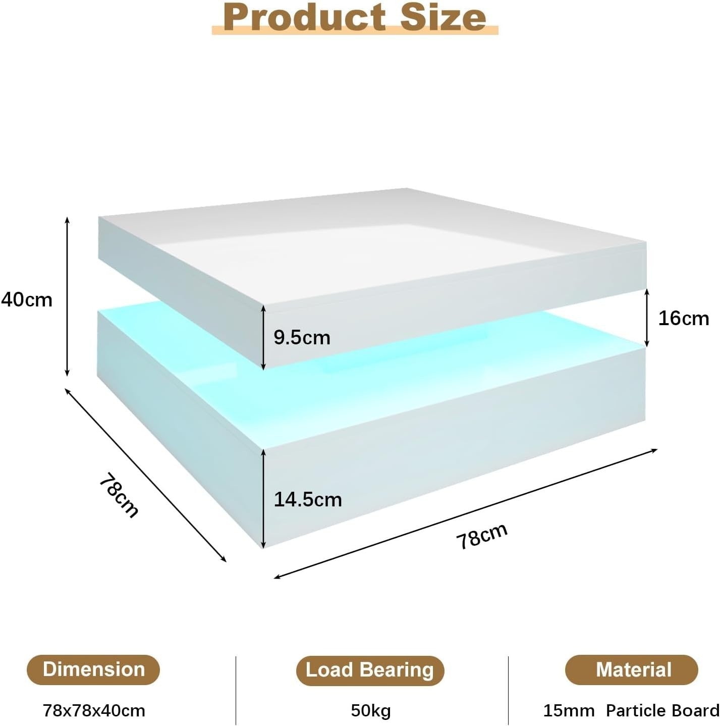 White LED Coffee Table with Storage, 2-Tier Square High Gloss 78x78cm