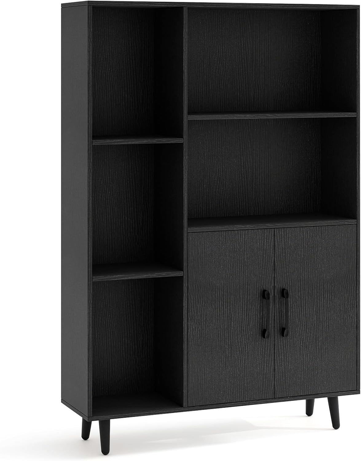 Modern Tall Storage Bookcase with Doors & Open Shelves – 80×23×119cm Black
