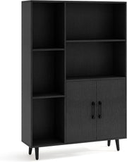 Modern Tall Storage Bookcase with Doors & Open Shelves – 80×23×119cm Black