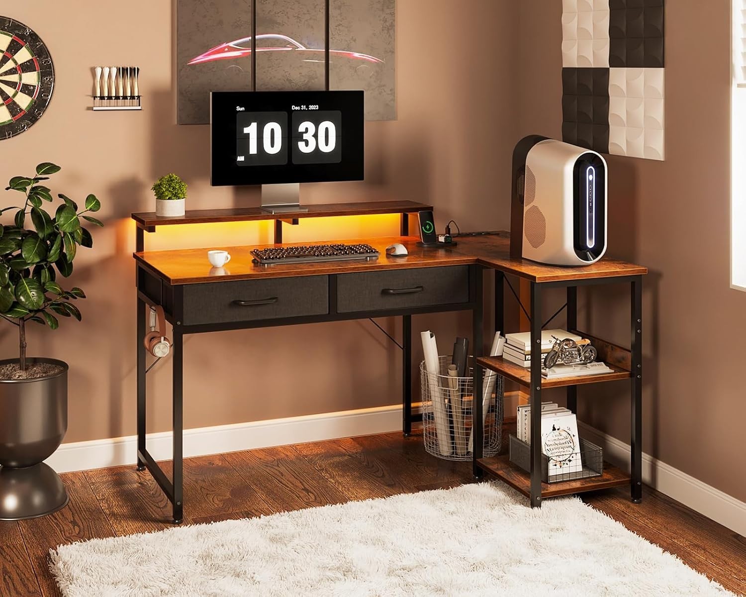 L Shaped 40" Gaming Desk w/ USB Ports, Drawers & LED – Vintage Home Office Table
