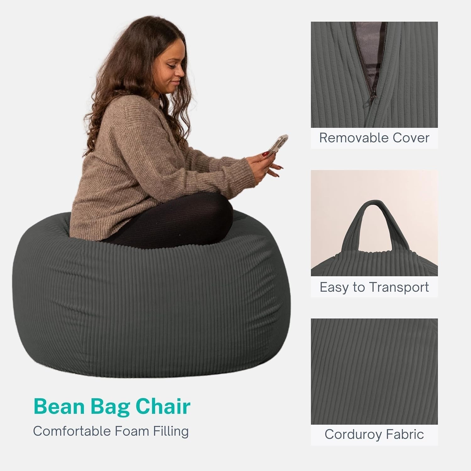 Washable Corduroy Bean Bag Chair Soft Foam Fill Kids & Adults Seat