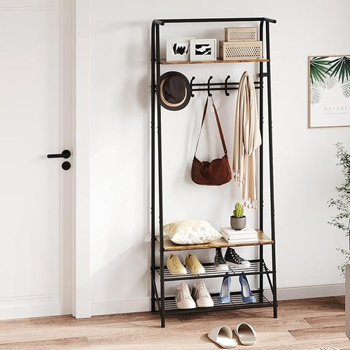 Brown 4-in-1 Coat Rack with Shoe Storage & 5 Hooks Freestanding Hall Tree