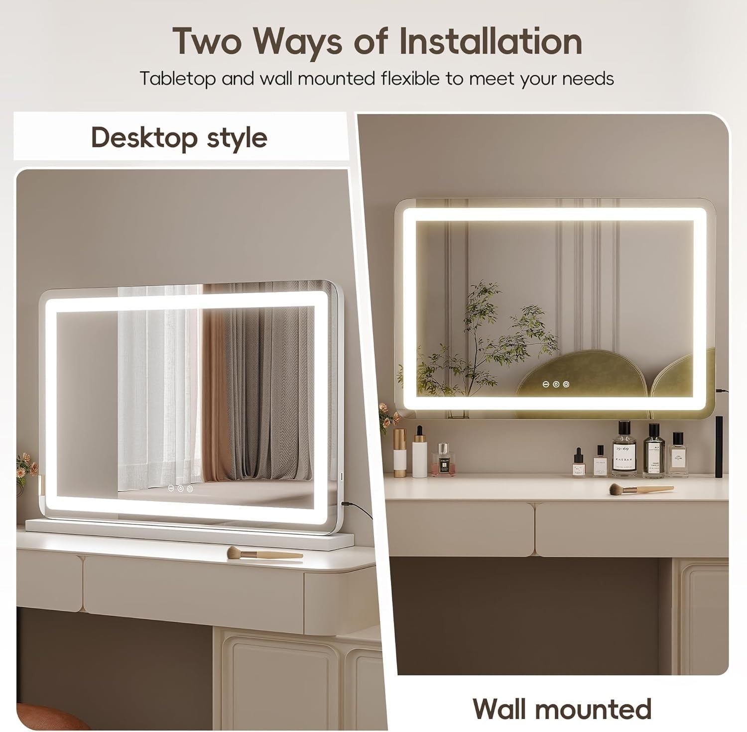 LED Vanity Mirror 80x55cm | Wall/Tabletop, 3-Color Light, 5X Magnifier, Touch