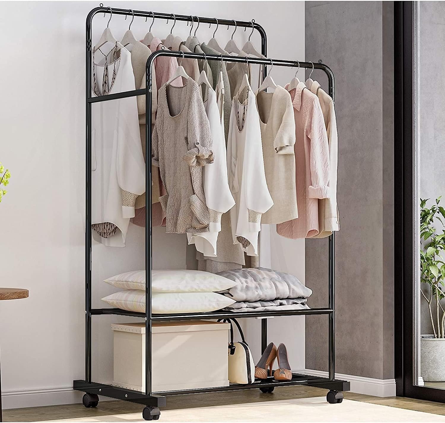 Double Clothes Rail Garment Rack with Wheels & Shelves Black
