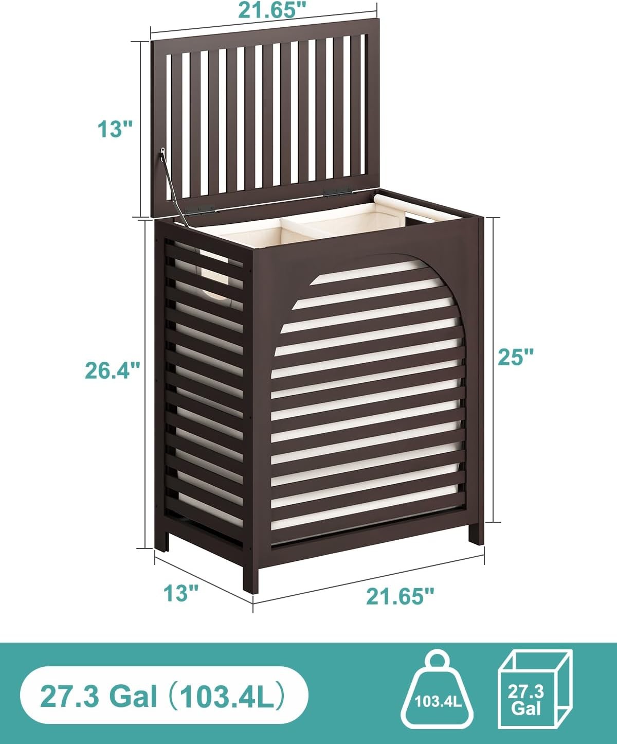 Brown Bamboo Laundry Hamper XL 103L with Lid & Removable Liner | Ventilated Bask