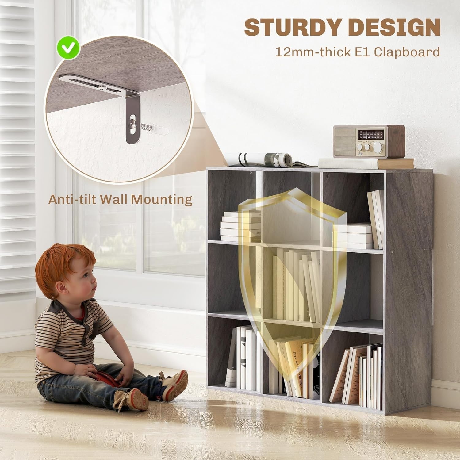 9 Cube Marble Grey Bookcase – Modern Storage Shelf Unit for Home Office