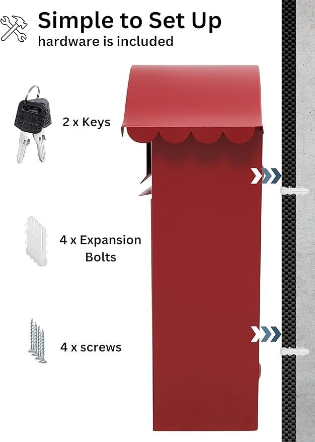Lockable Wall Mailbox Weatherproof Steel Red 36x13x37cm