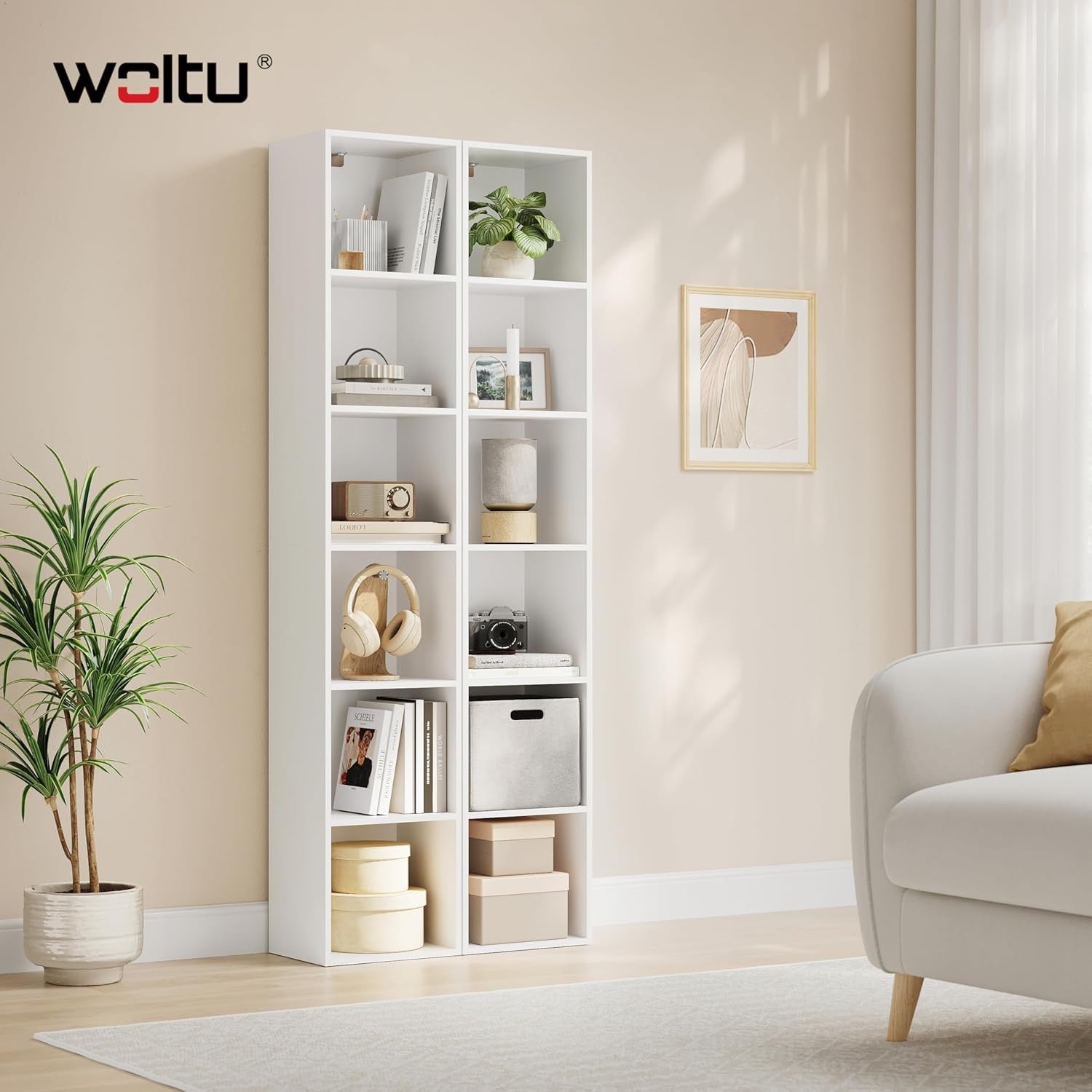 White 6 Cube Tall Bookcase Slim Storage Shelf Unit Modern Standing Display Rack