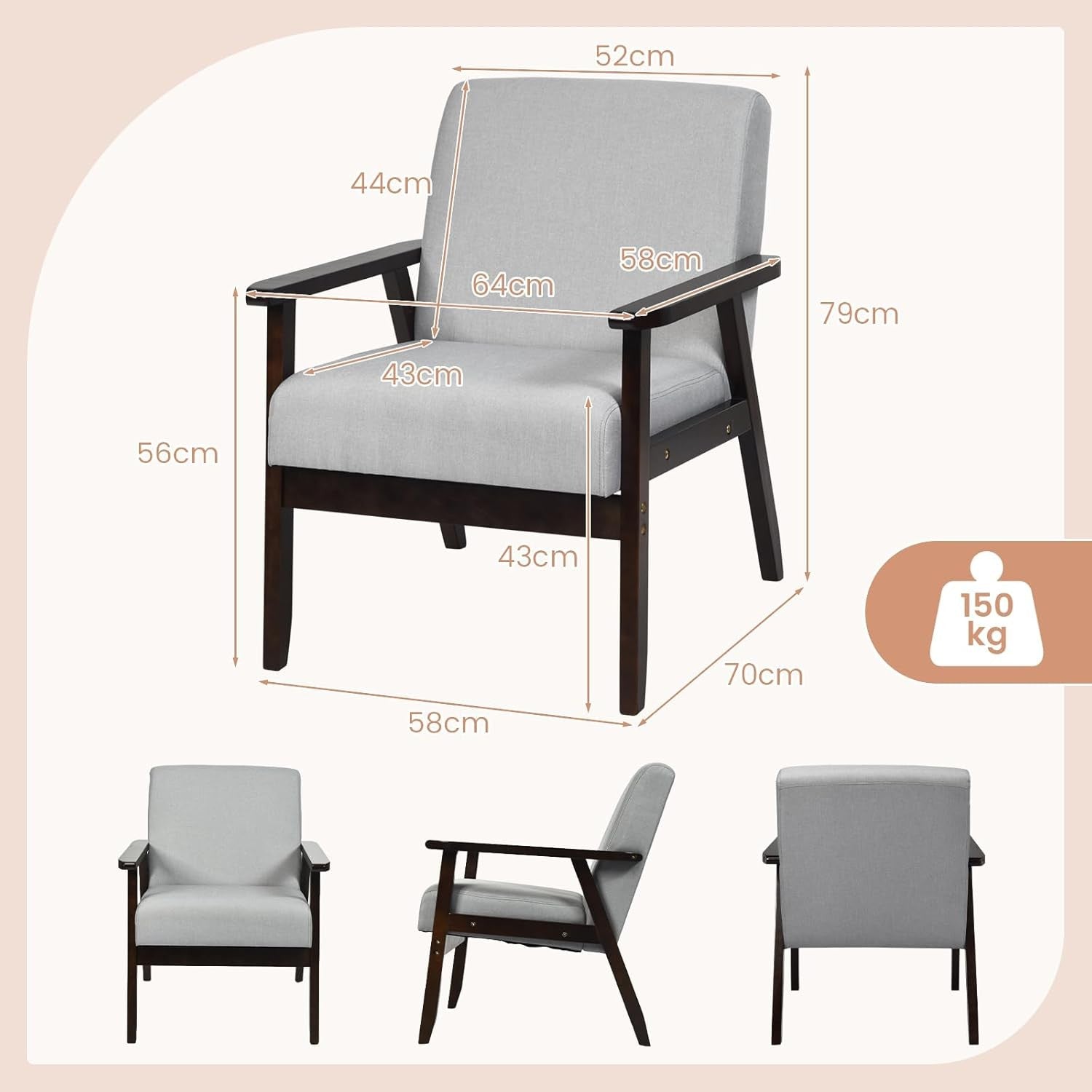 Linen Accent Armchair Rubber Wood Frame Lounge Chair Grey