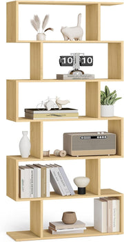 6 Tier Rustic Natural Bookcase S-Shaped Storage Shelf Room Divider 70x24x191cm