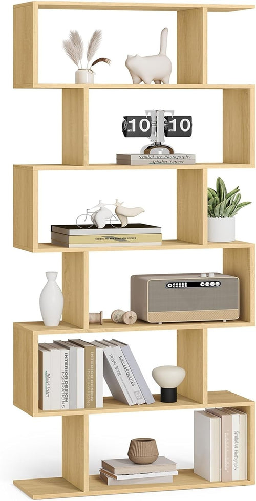 6 Tier Rustic Natural Bookcase S-Shaped Storage Shelf Room Divider 70x24x191cm