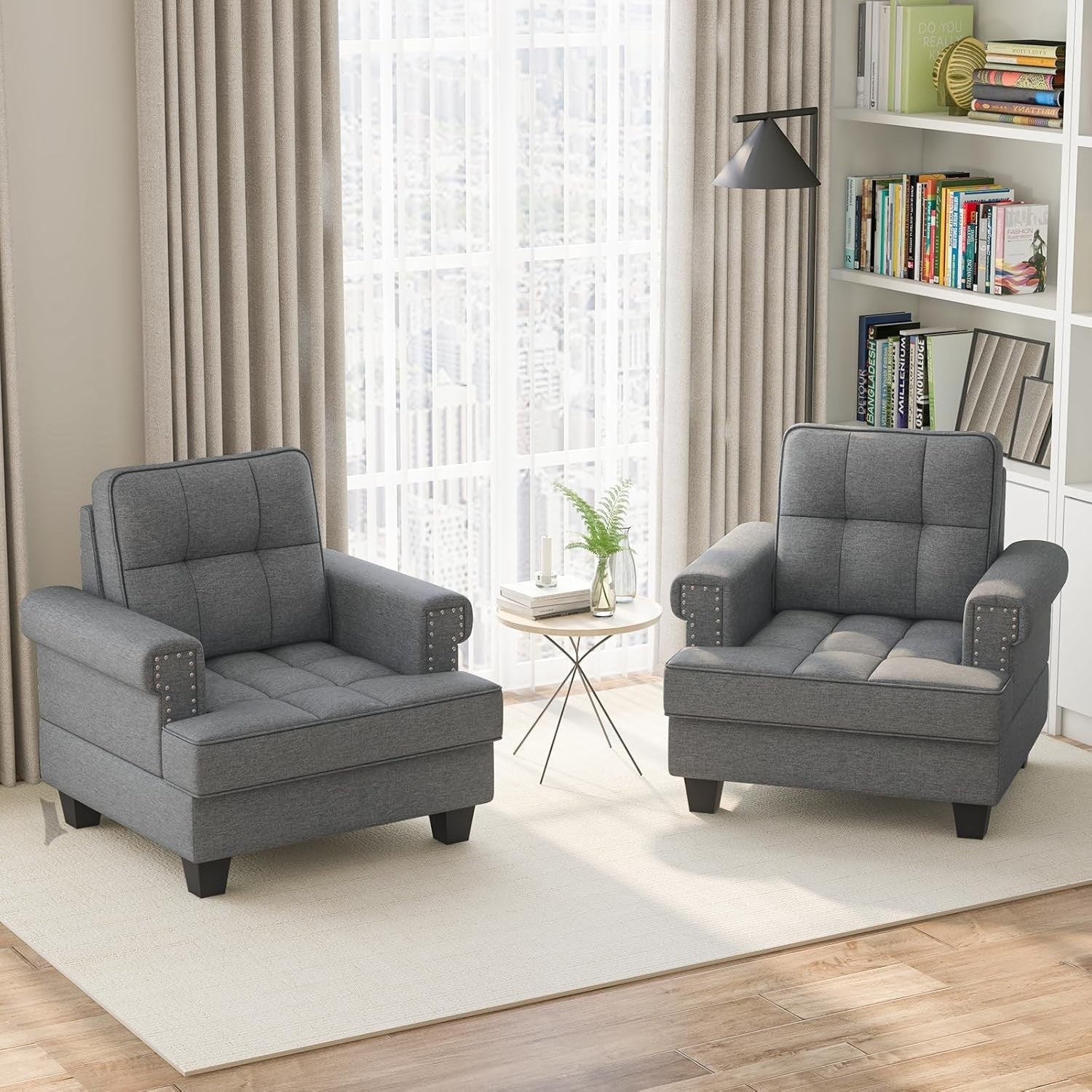 Grey Tufted Armchair Sofa Comfy Lounge Chair Wide Seat Reading Room