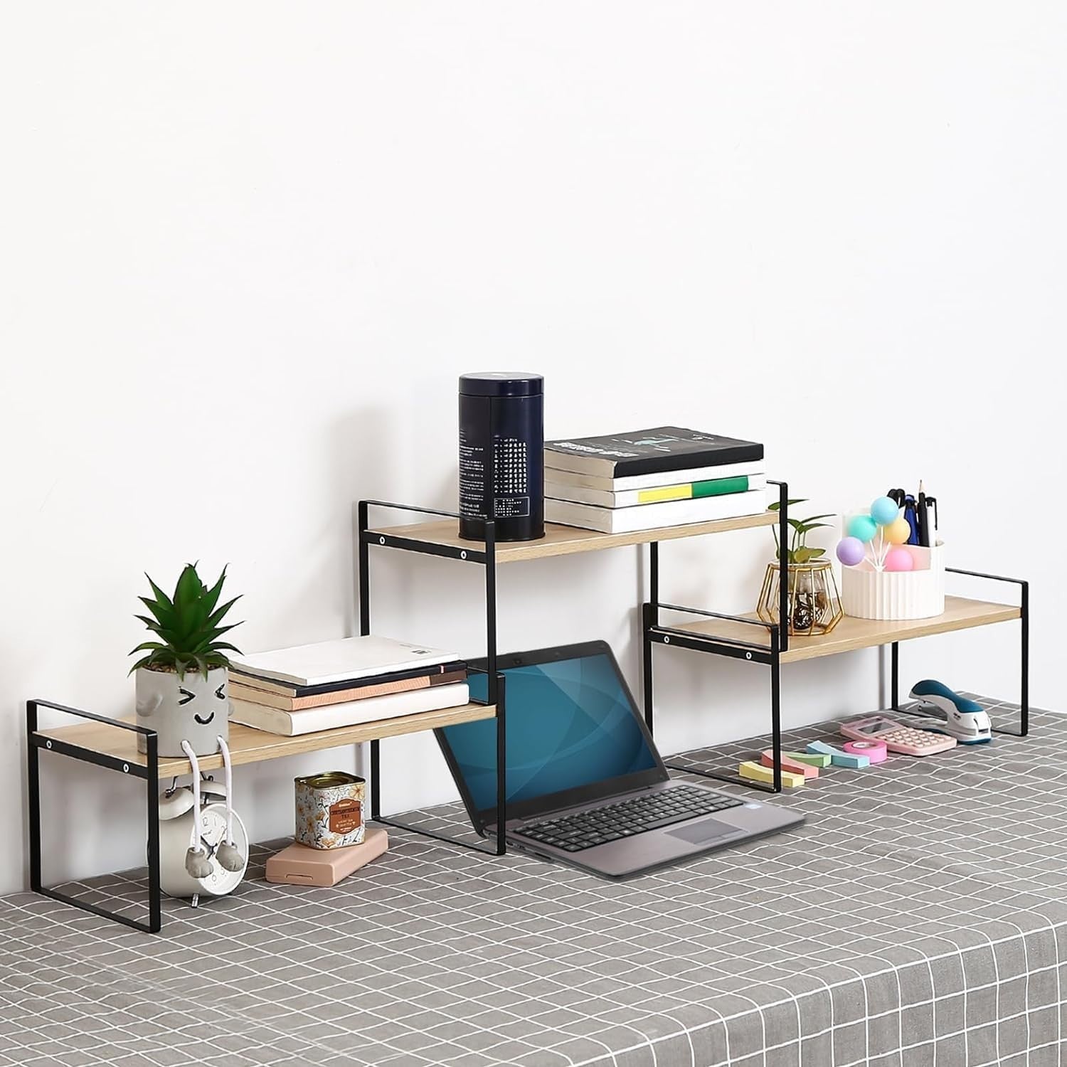 2-Tier Adjustable Wood Desk Shelf Organizer Cute Desktop Storage Rack 40cm