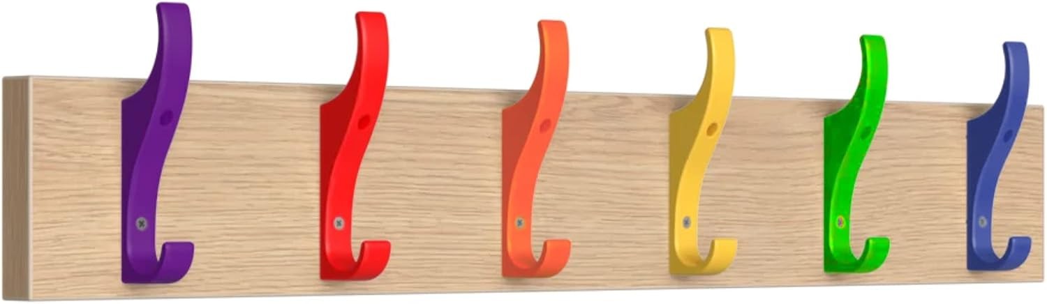 Rainbow Wall Mounted Coat Rack 6 Hooks | Oak Rail for Bags, Hats & Keys