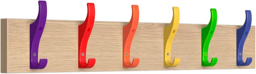 Rainbow Wall Mounted Coat Rack 6 Hooks | Oak Rail for Bags, Hats & Keys