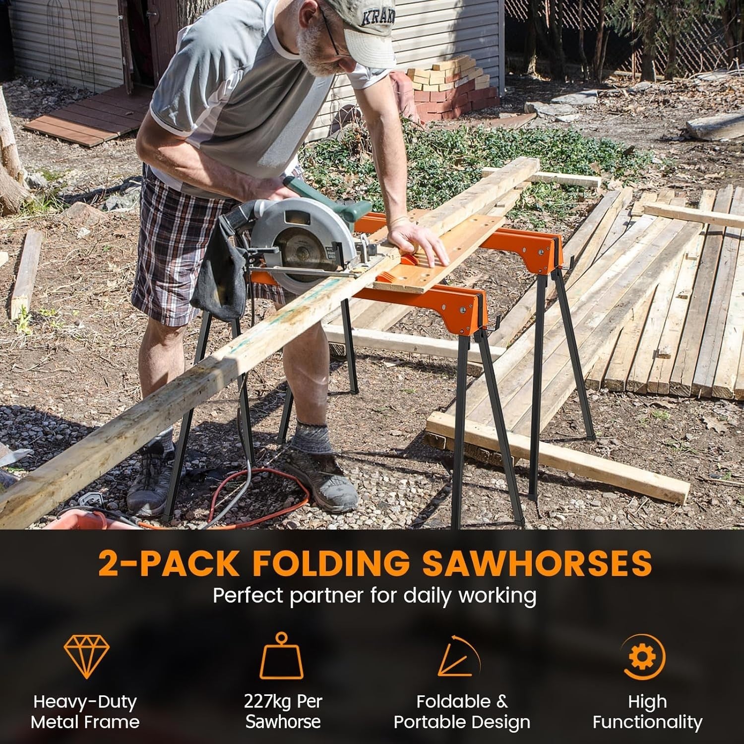 Folding Sawhorse Twin Pack Heavy Duty 454kg 2x4 Support Arms Orange 92x48