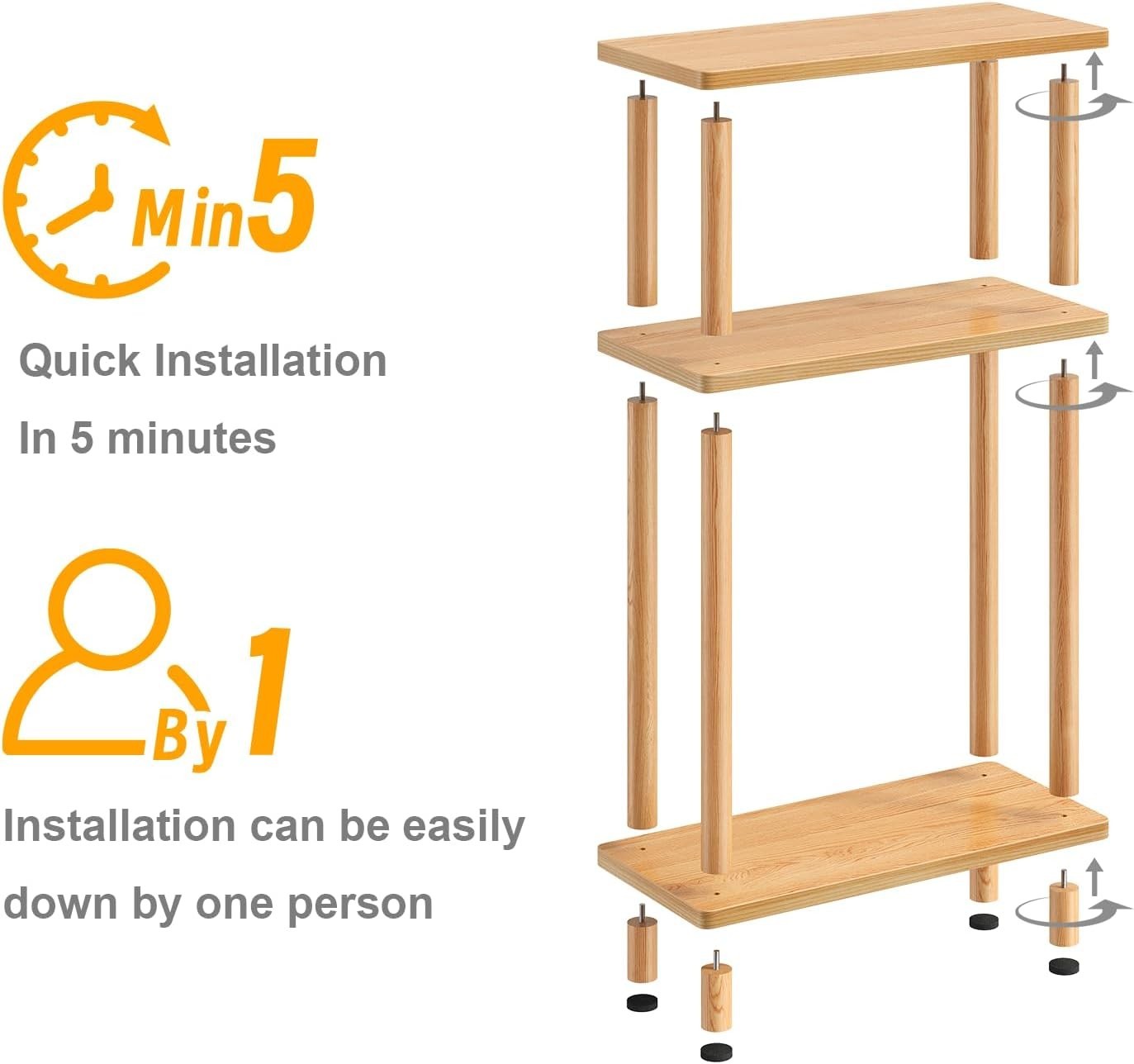 Slim 3-Tier Side Table, Space-Saving Narrow End Table for Living Room, Oak