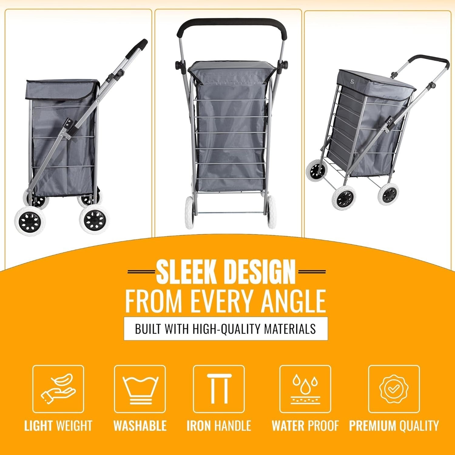 Foldable 4-Wheel Shopping Trolley Cart with Removable Bag - Heavy Duty Grey