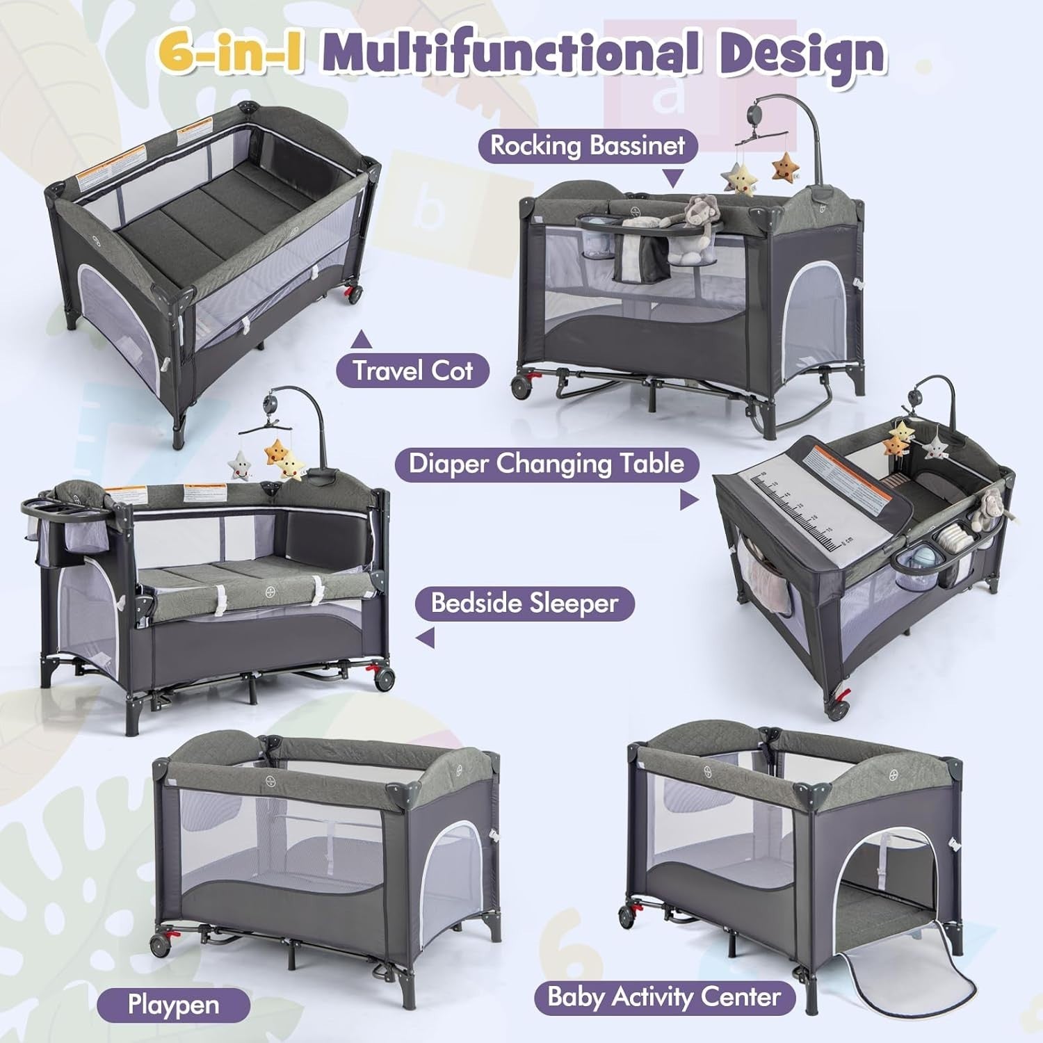 6in1 Baby Travel Cot Foldable Crib with Mattress, Changer & Storage Classic