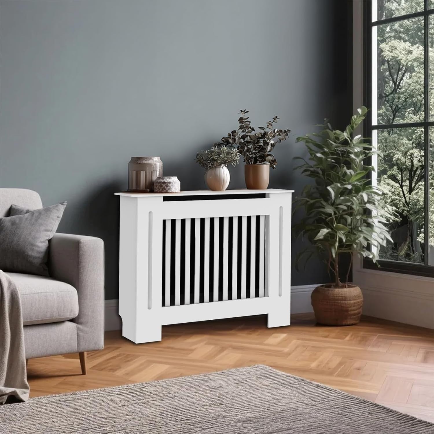 Small White Radiator Cover Cabinet 101cm Tall MDF Vertical Slat Heater Cover