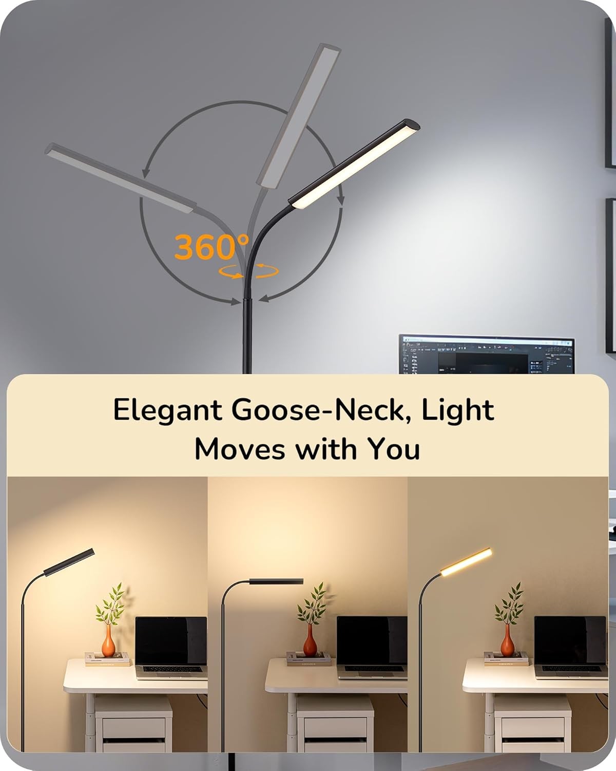 LED Floor Lamp Dimmable Gooseneck Reading Light 3 Colour Standing Lamp