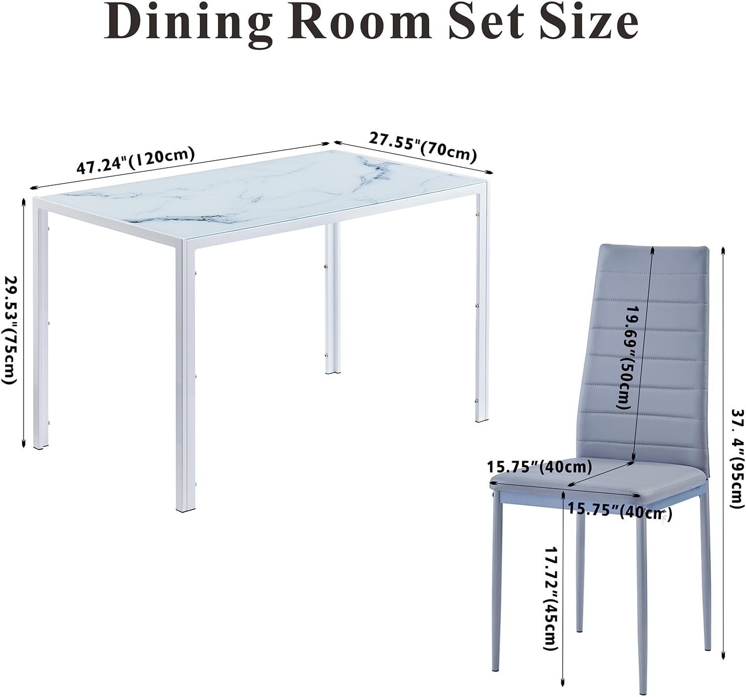 5PC White Marble Effect Glass Dining Set with Grey Faux Leather Chairs
