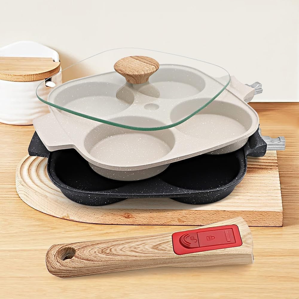 4-Cup Egg Pan Non-Stick Pancake Skillet w/ Lid & Detachable Handle Black
