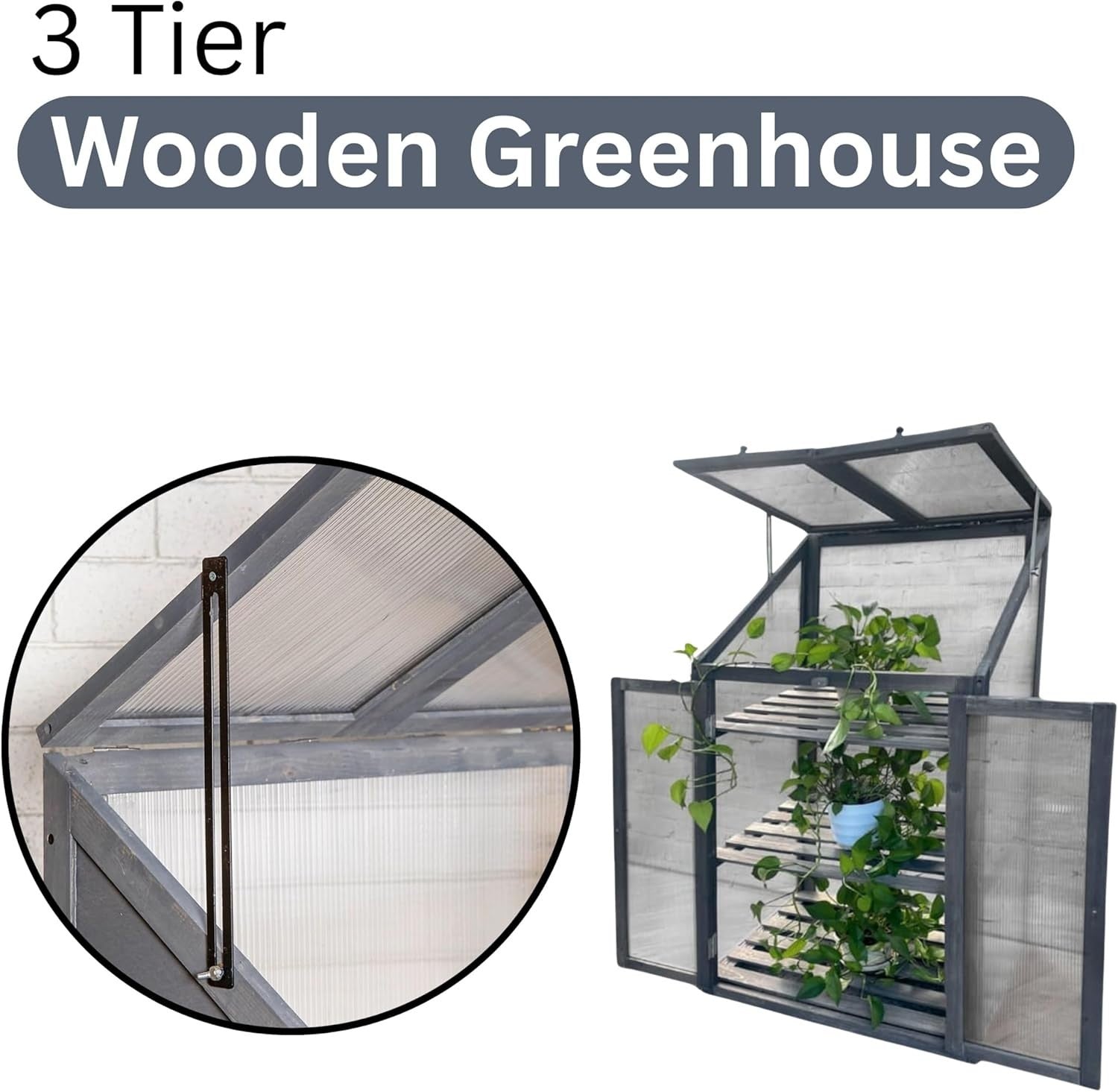 3 Tier Wooden Greenhouse Grey Cold Frame with Double Doors & Skylight