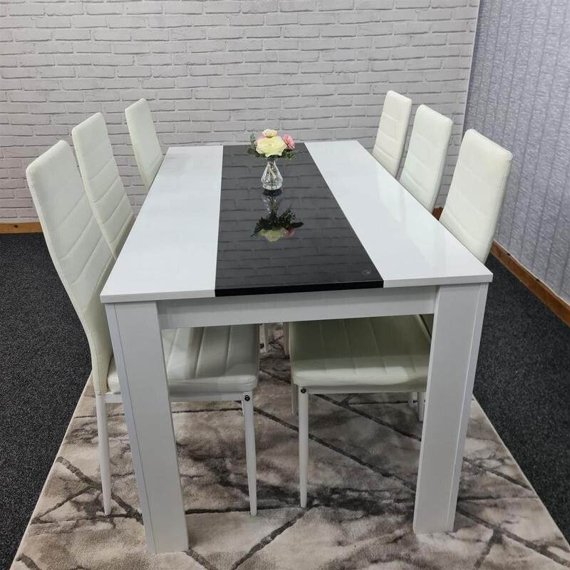 White Black Dining Table Set with 6 Leather Chairs Modern MDF 140cm