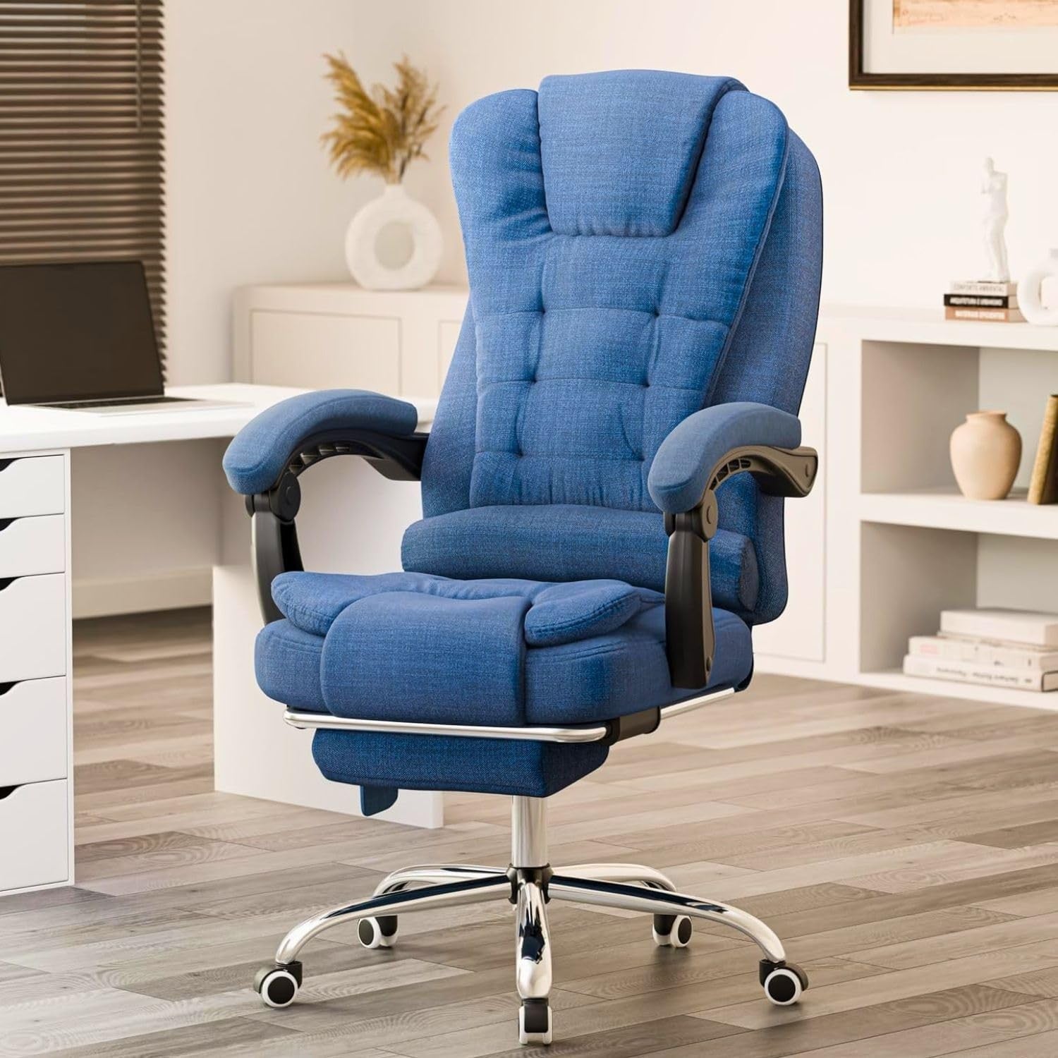 Massage Office Chair Recliner Linen Blue Gaming Computer Swivel Footrest