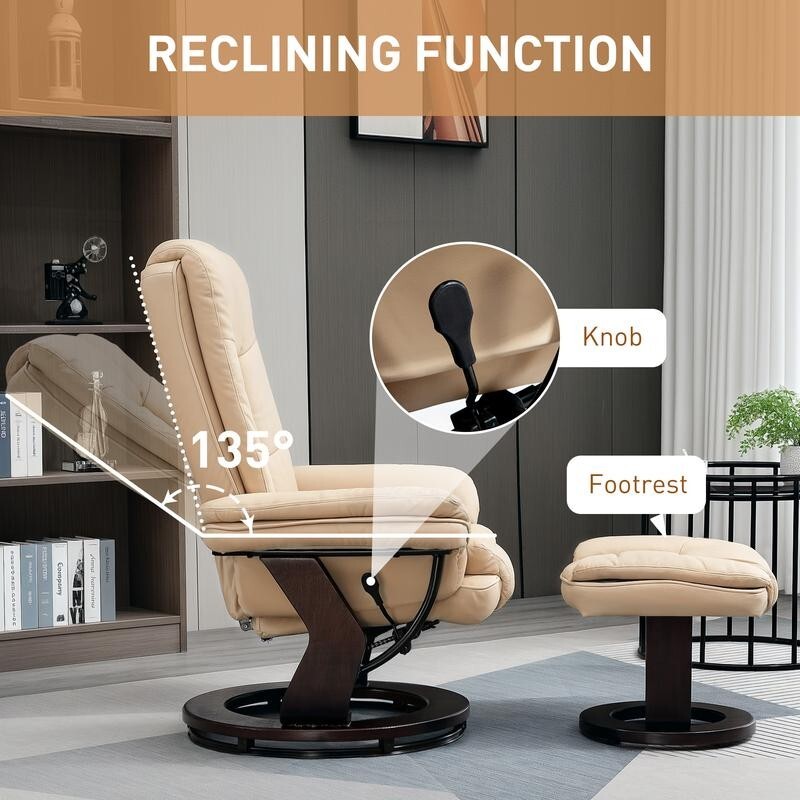 Recliner Chair & Footrest PU Leather Swivel Lounge Armchair w/ Wood Base