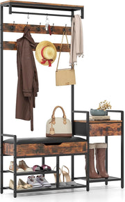 Freestanding Hall Tree Coat Rack with Shoe Storage Bench & Side Table