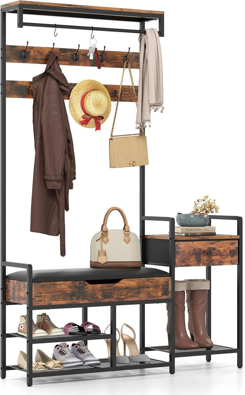 Freestanding Hall Tree Coat Rack with Shoe Storage Bench & Side Table