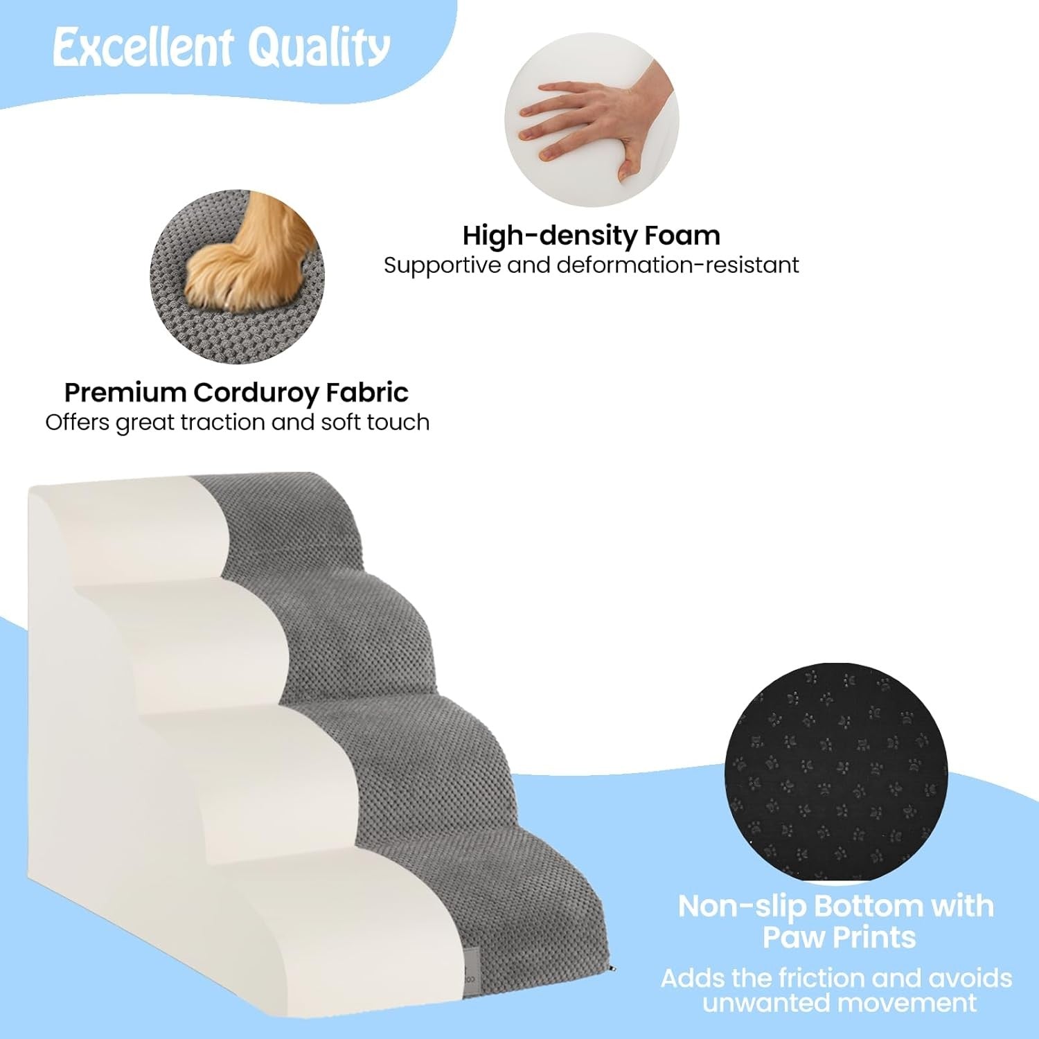 4 Tier Dog Stairs Non Slip Foam Pet Steps Removable Cover Grey