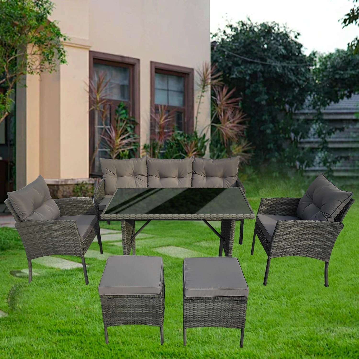 6 Seater Rattan Garden Furniture Set with Cushions Grey Outdoor Sofa Table