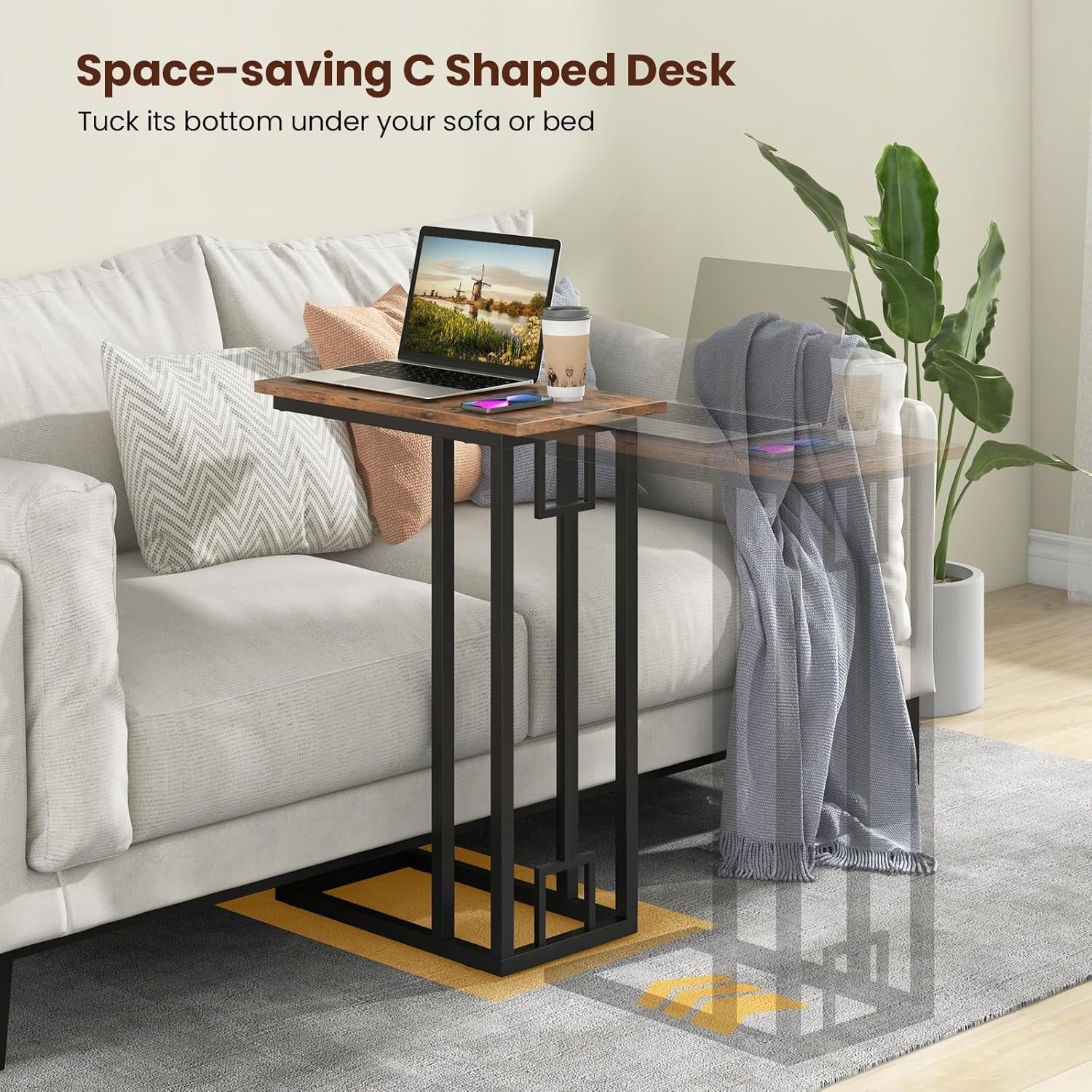 Slim Industrial C-Shaped Side Table with Storage Shelf for Sofa Bed Laptop
