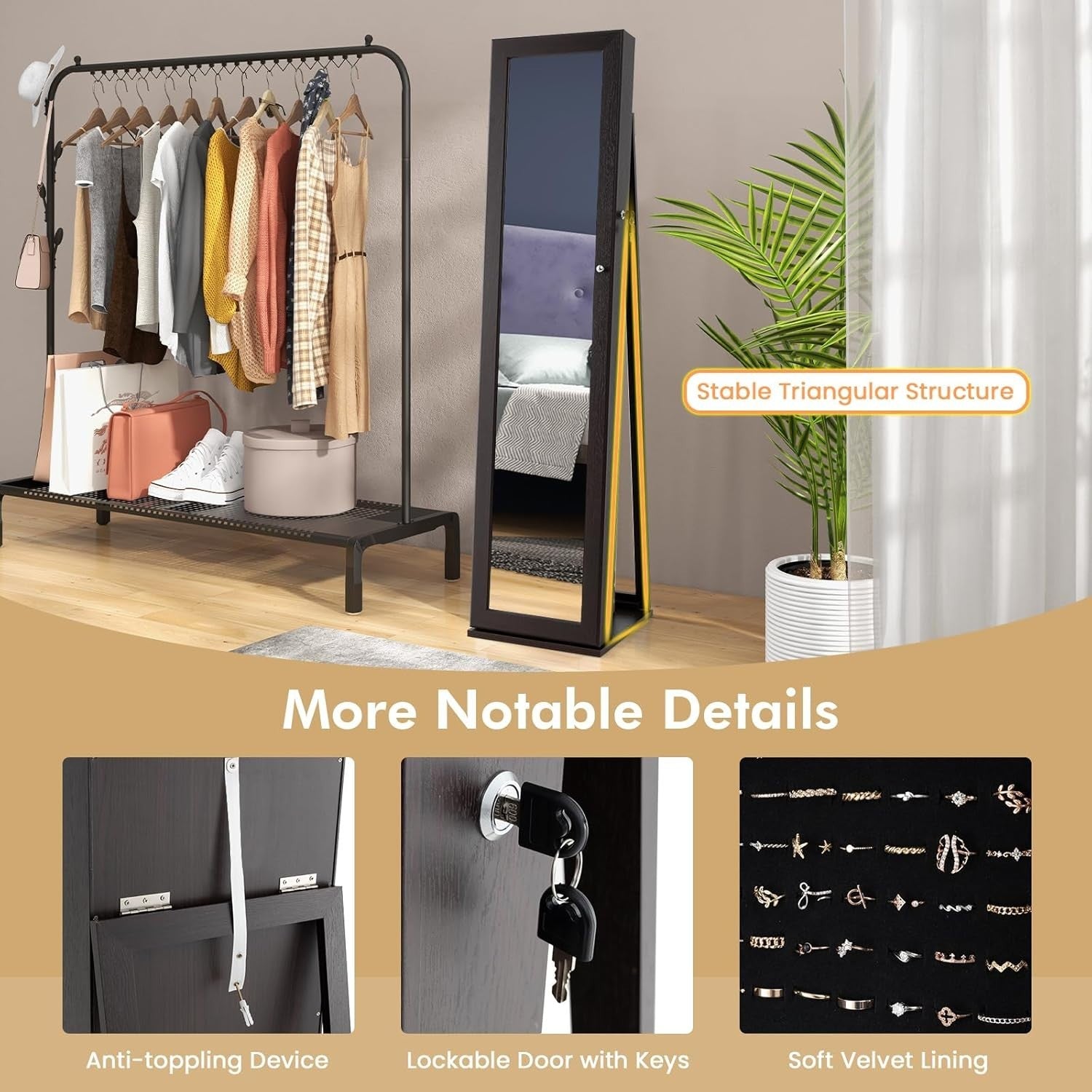 Espresso Jewelry Cabinet Mirror Lockable 3-in-1 Freestanding Storage