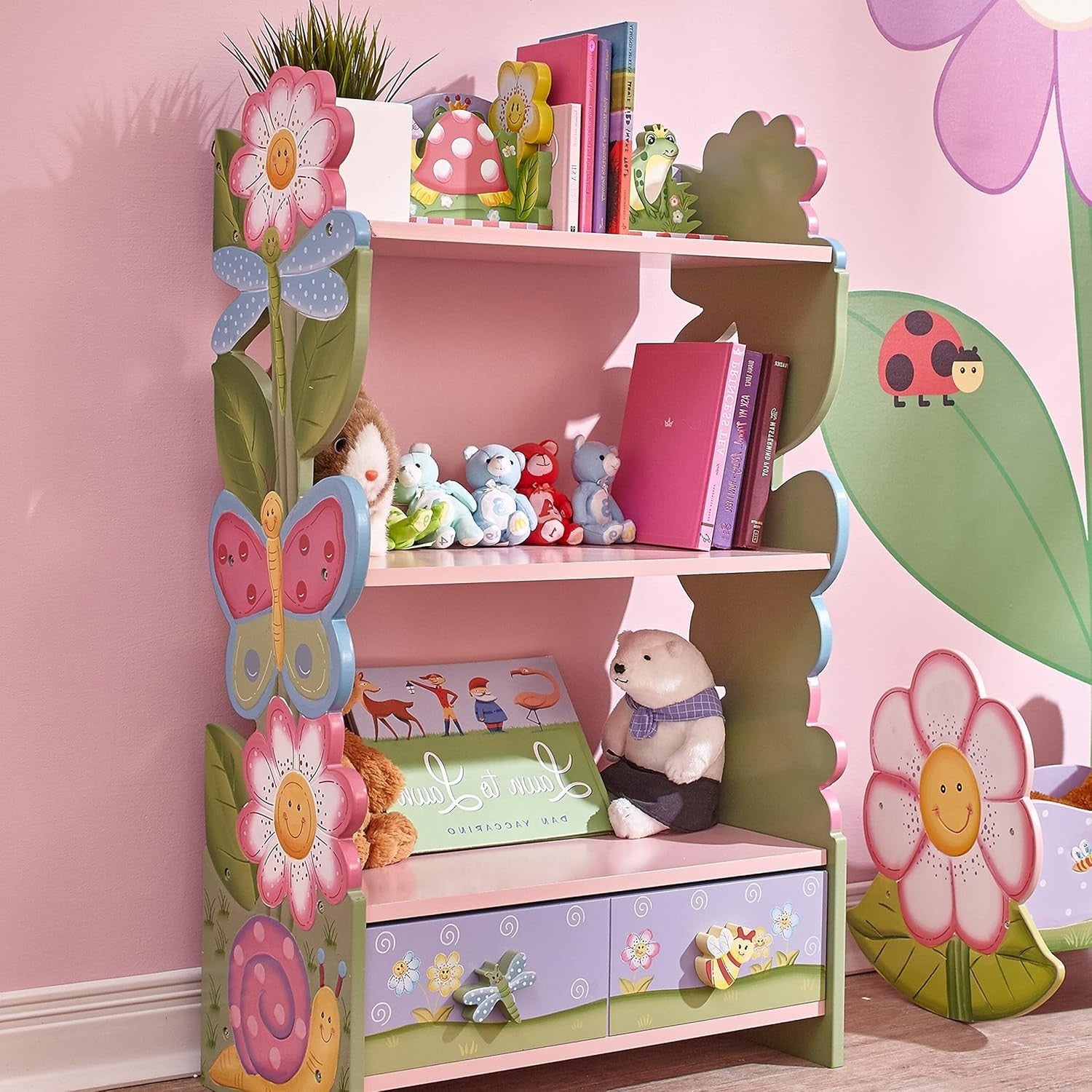 Kids Multi-Tier Wooden Bookshelf with 2 Storage Drawers – Magic Garden Design