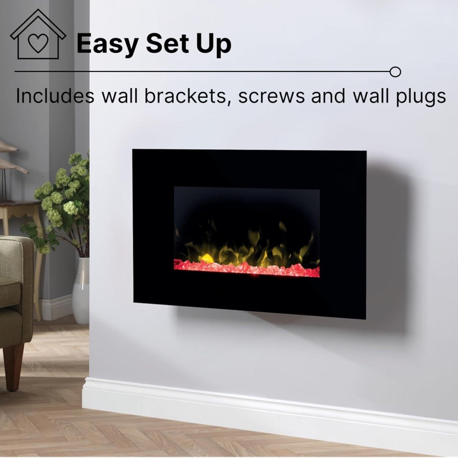 Wall Mounted Electric Fireplace Black Glass LED Flame 2kW Heater Timer