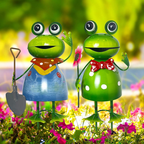 Metal Frog Garden Ornaments 3D Outdoor Yard Decor Cute Spring Figurine Set 2pcs